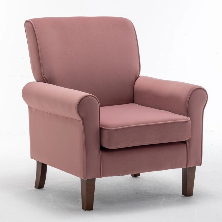 Fauteuil d'appoint en velours à accoudoirs roulés avec pieds en bois massif Plusieurs coloris