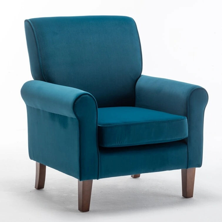 Fauteuil d'appoint en velours à accoudoirs roulés avec pieds en bois massif Plusieurs coloris
