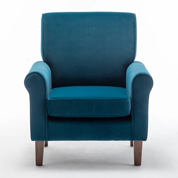 Fauteuil d'appoint en velours à accoudoirs roulés avec pieds en bois massif Plusieurs coloris