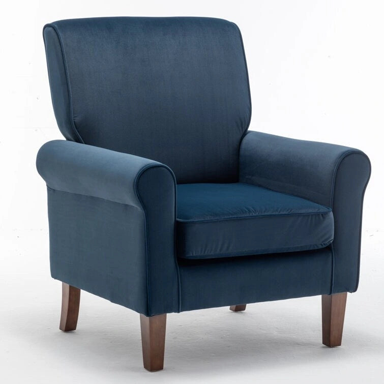 Fauteuil d'appoint en velours à accoudoirs roulés avec pieds en bois massif Plusieurs coloris