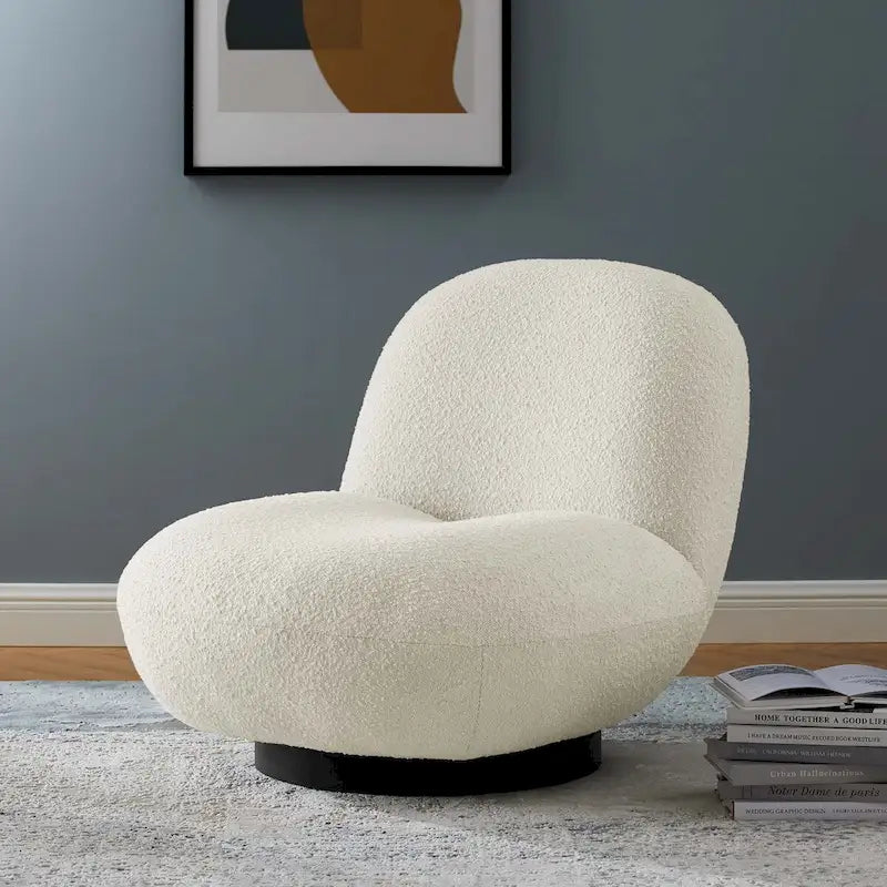 Fauteuil pivotant d'appoint en bouclé ivoire avec piètement en métal noir mat