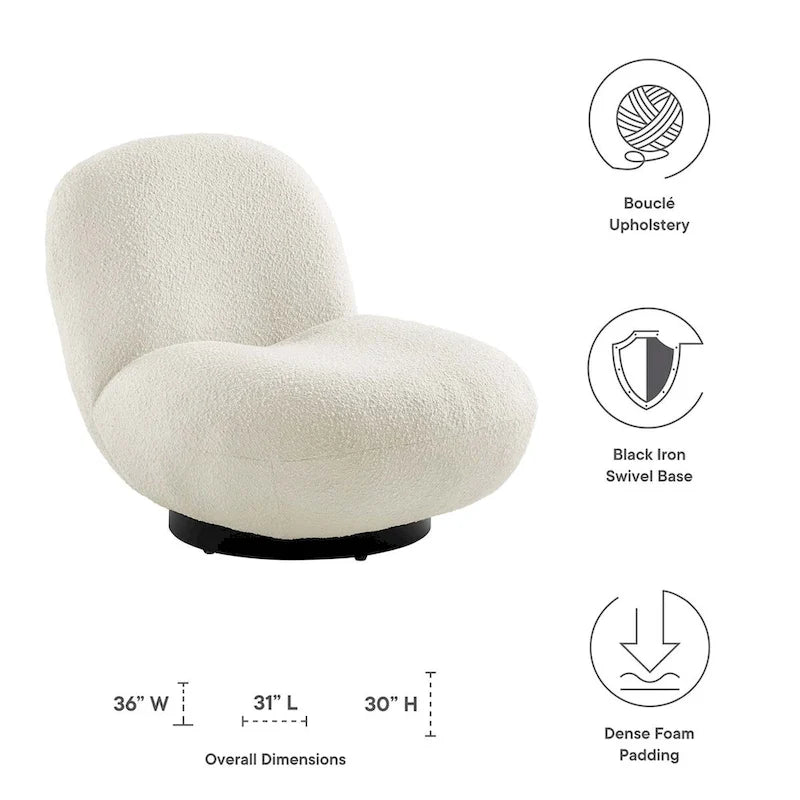 Fauteuil pivotant d'appoint en bouclé ivoire avec piètement en métal noir mat
