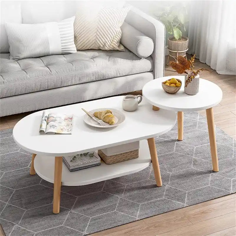 Table basse ovale à 2 niveaux avec pieds en bois massif et étagère de rangement inférieure