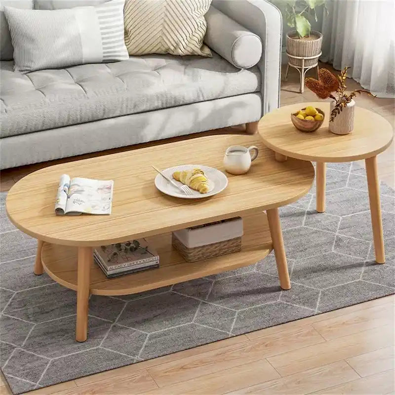 Table basse ovale à 2 niveaux avec pieds en bois massif et étagère de rangement inférieure