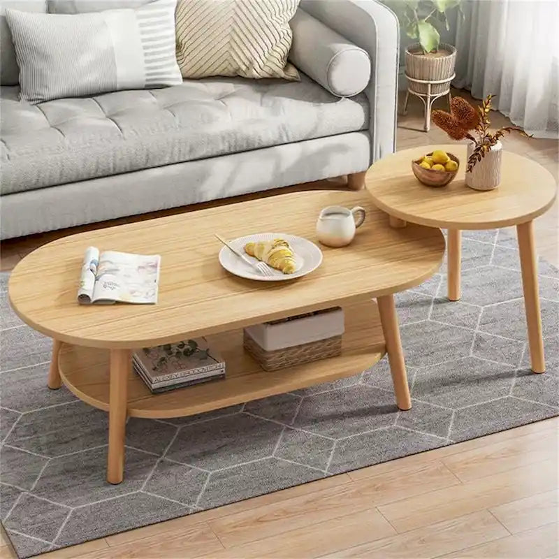 Table basse ovale à 2 niveaux avec pieds en bois massif et étagère de rangement inférieure