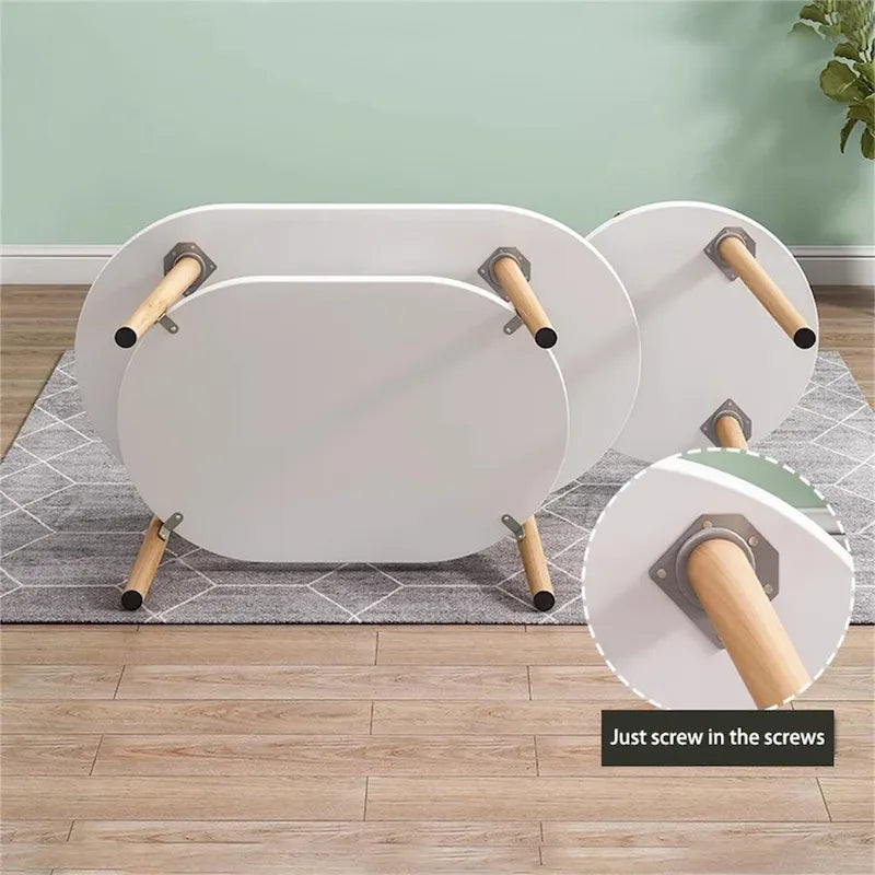 Table basse ovale à 2 niveaux avec pieds en bois massif et étagère de rangement inférieure