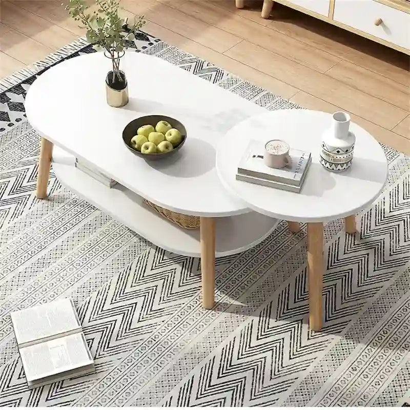 Table basse ovale à 2 niveaux avec pieds en bois massif et étagère de rangement inférieure