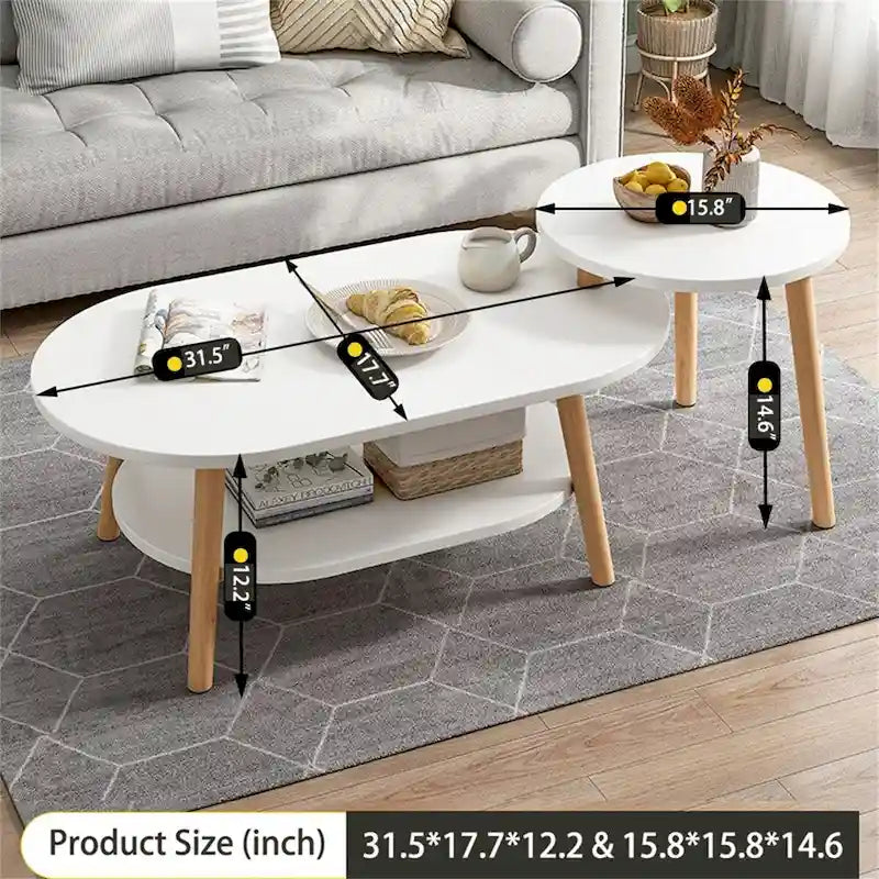 Table basse ovale à 2 niveaux avec pieds en bois massif et étagère de rangement inférieure