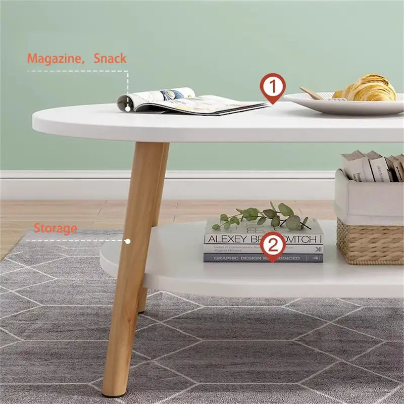 Table basse ovale à 2 niveaux avec pieds en bois massif et étagère de rangement inférieure