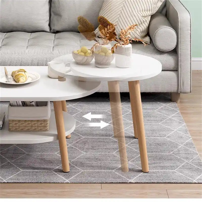 Table basse ovale à 2 niveaux avec pieds en bois massif et étagère de rangement inférieure