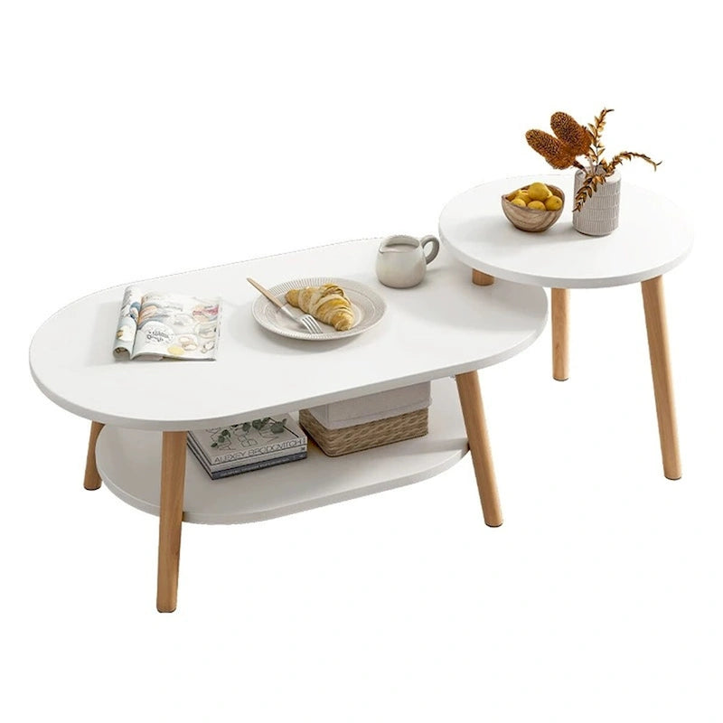 Table basse ovale à 2 niveaux avec pieds en bois massif et étagère de rangement inférieure
