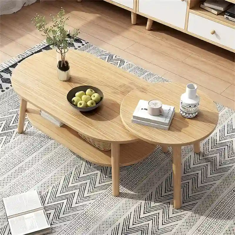 Table basse ovale à 2 niveaux avec pieds en bois massif et étagère de rangement inférieure