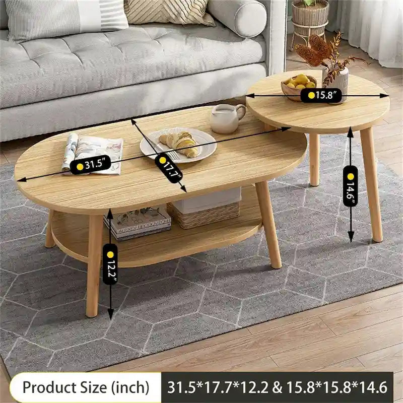 Table basse ovale à 2 niveaux avec pieds en bois massif et étagère de rangement inférieure
