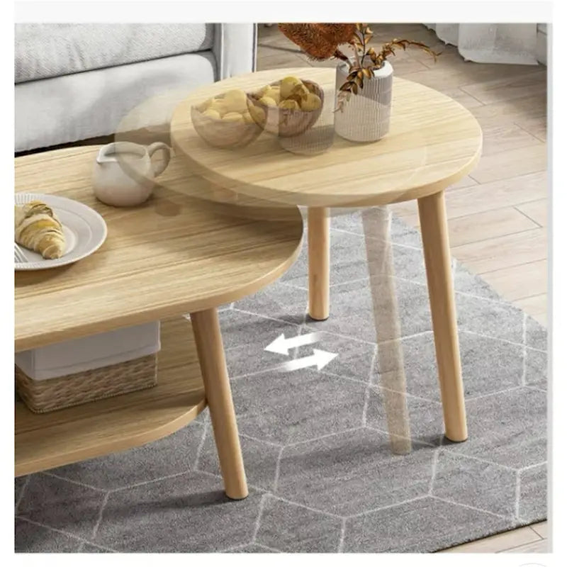 Table basse ovale à 2 niveaux avec pieds en bois massif et étagère de rangement inférieure
