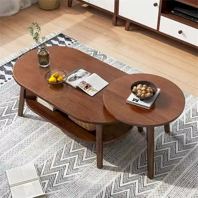 Table basse ovale à 2 niveaux avec pieds en bois massif et étagère de rangement inférieure
