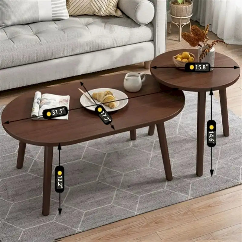 Table basse ovale à 2 niveaux avec pieds en bois massif et étagère de rangement inférieure