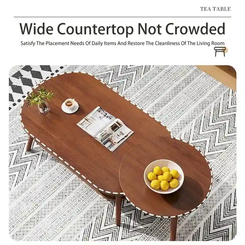 Table basse ovale à 2 niveaux avec pieds en bois massif et étagère de rangement inférieure