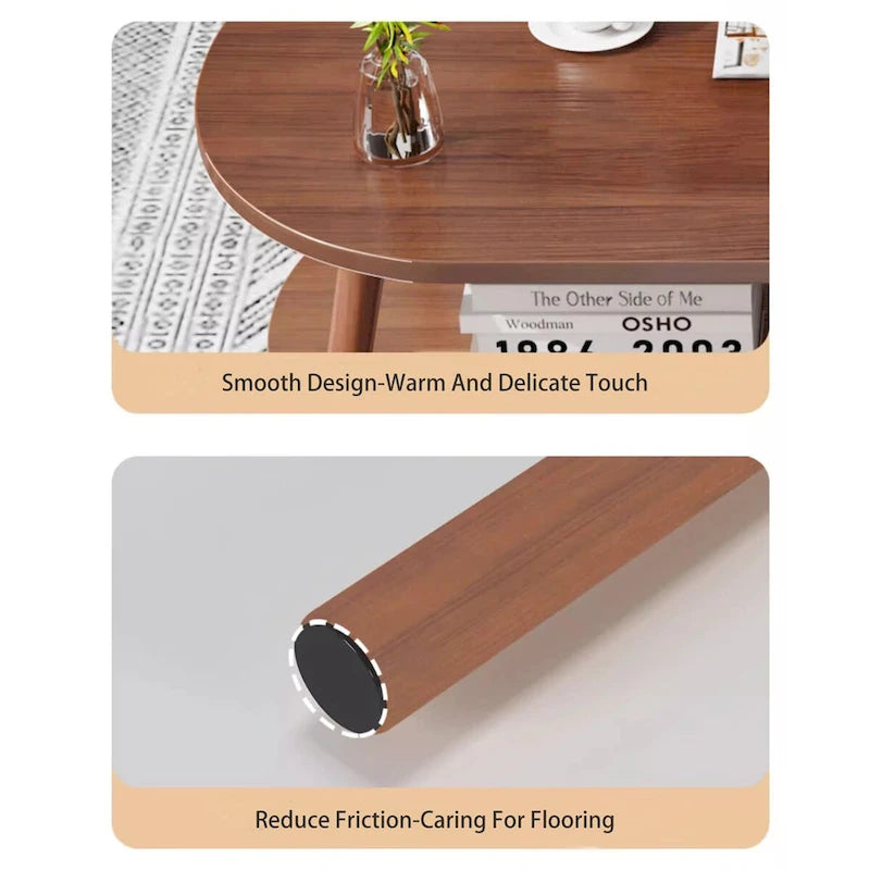 Table basse ovale à 2 niveaux avec pieds en bois massif et étagère de rangement inférieure