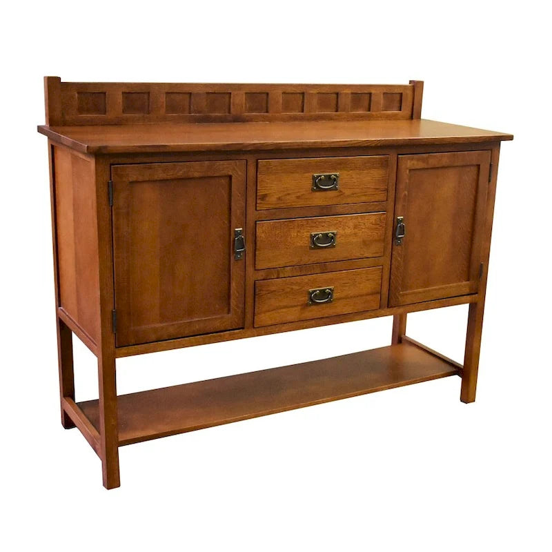 Buffet de style mission en chêne massif avec 3 tiroirs et 2 portes d'armoire