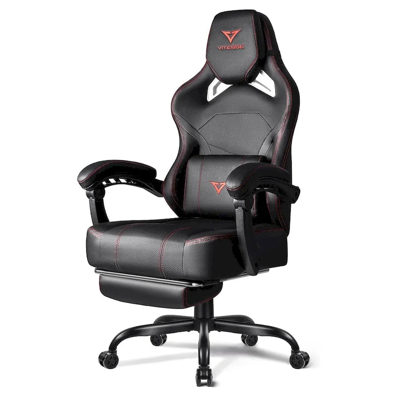 Grande et haute chaise de jeu ergonomique noire avec repose-pieds et soutien lombaire