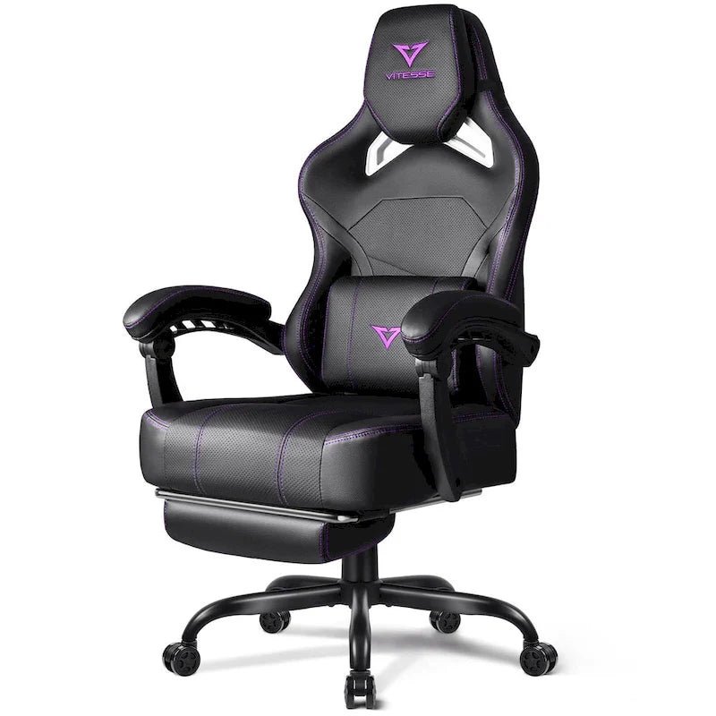 Grande et haute chaise de jeu ergonomique noire avec repose-pieds et soutien lombaire