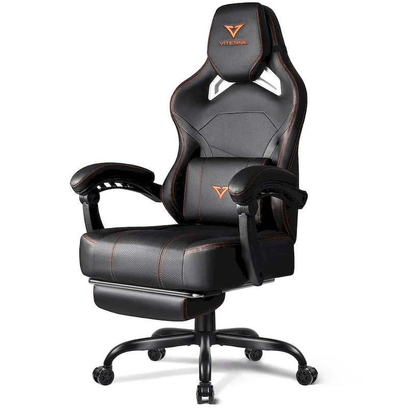 Grande et haute chaise de jeu ergonomique noire avec repose-pieds et soutien lombaire