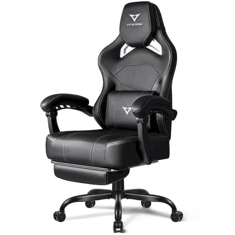 Grande et haute chaise de jeu ergonomique noire avec repose-pieds et soutien lombaire