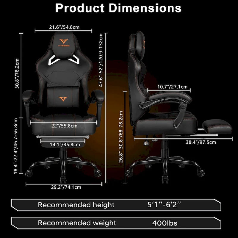 Grande et haute chaise de jeu ergonomique noire avec repose-pieds et soutien lombaire