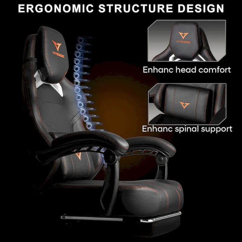 Grande et haute chaise de jeu ergonomique noire avec repose-pieds et soutien lombaire