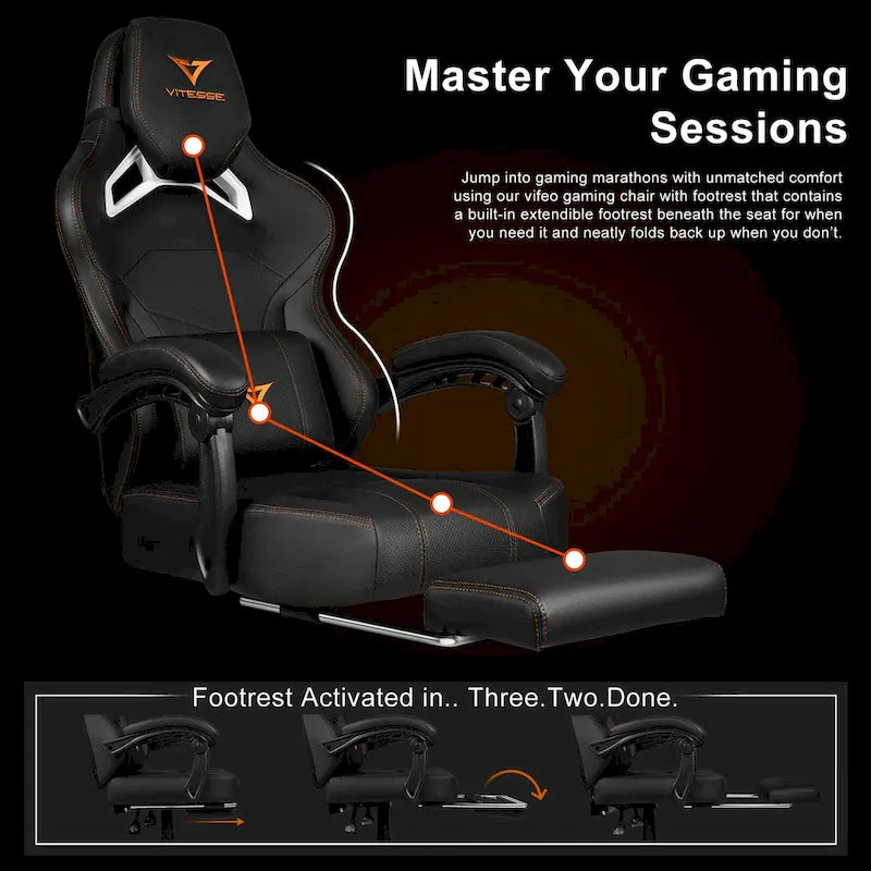 Grande et haute chaise de jeu ergonomique noire avec repose-pieds et soutien lombaire