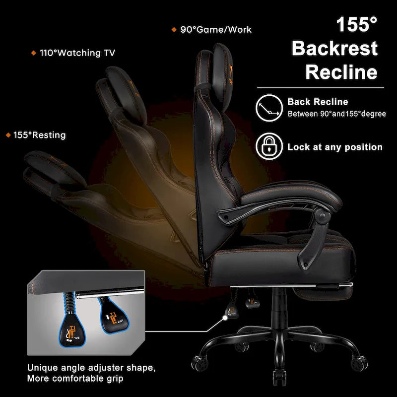 Grande et haute chaise de jeu ergonomique noire avec repose-pieds et soutien lombaire