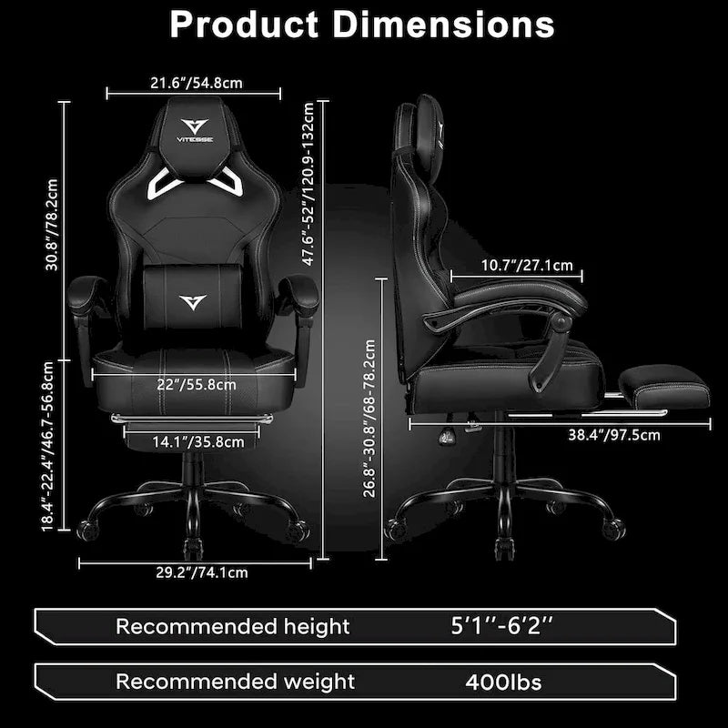 Grande et haute chaise de jeu ergonomique noire avec repose-pieds et soutien lombaire
