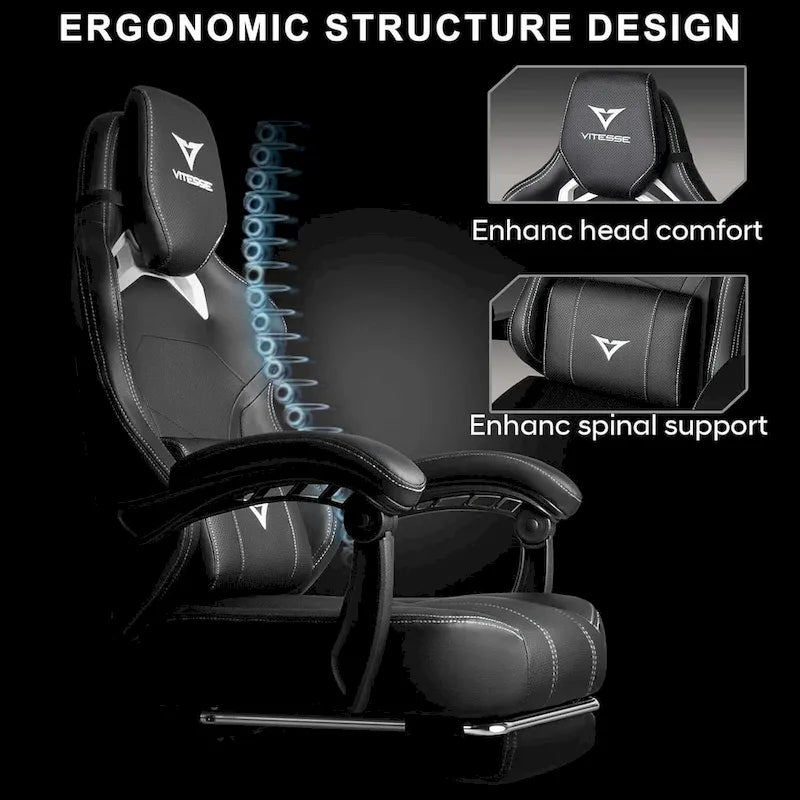 Grande et haute chaise de jeu ergonomique noire avec repose-pieds et soutien lombaire