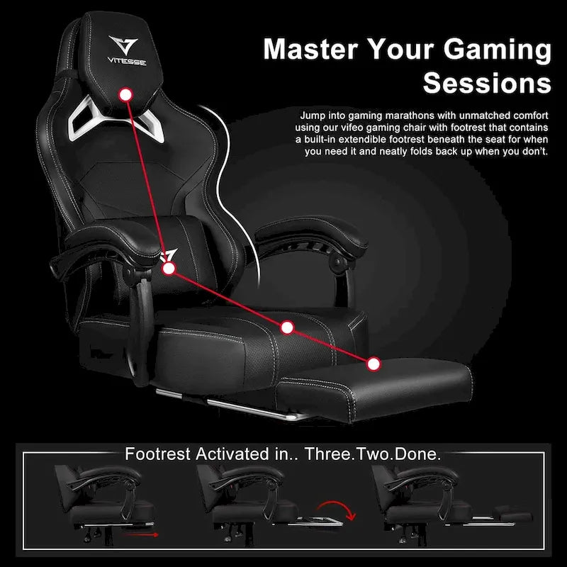 Grande et haute chaise de jeu ergonomique noire avec repose-pieds et soutien lombaire