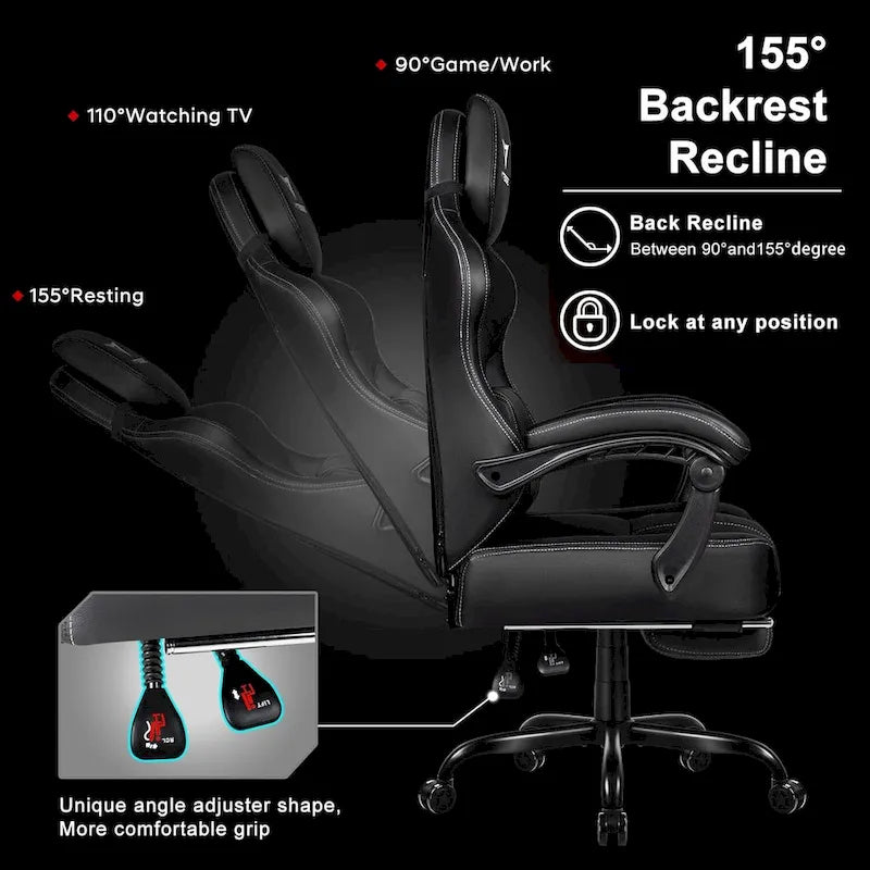 Grande et haute chaise de jeu ergonomique noire avec repose-pieds et soutien lombaire