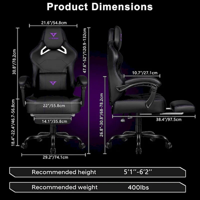 Grande et haute chaise de jeu ergonomique noire avec repose-pieds et soutien lombaire