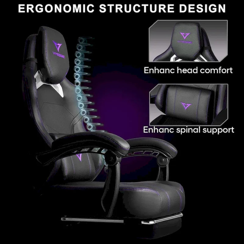 Grande et haute chaise de jeu ergonomique noire avec repose-pieds et soutien lombaire