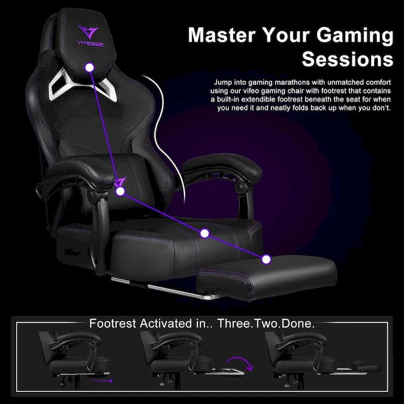 Grande et haute chaise de jeu ergonomique noire avec repose-pieds et soutien lombaire