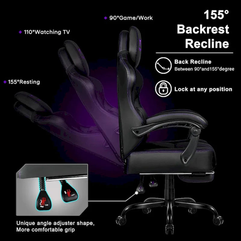 Grande et haute chaise de jeu ergonomique noire avec repose-pieds et soutien lombaire