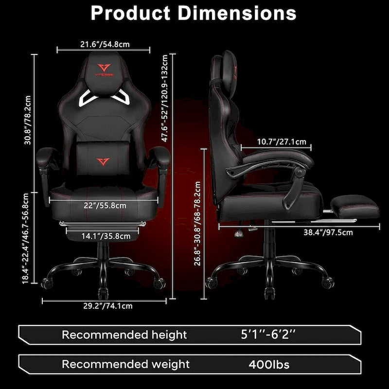 Grande et haute chaise de jeu ergonomique noire avec repose-pieds et soutien lombaire
