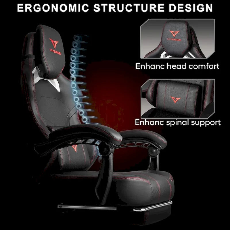 Grande et haute chaise de jeu ergonomique noire avec repose-pieds et soutien lombaire
