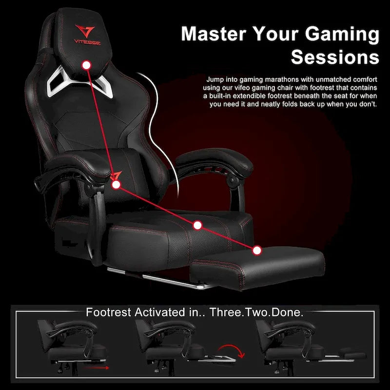 Grande et haute chaise de jeu ergonomique noire avec repose-pieds et soutien lombaire