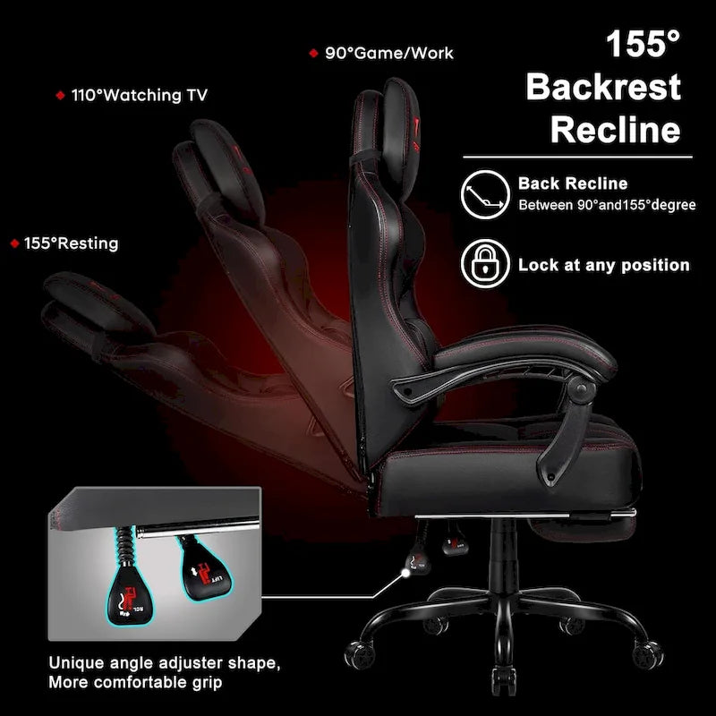 Grande et haute chaise de jeu ergonomique noire avec repose-pieds et soutien lombaire
