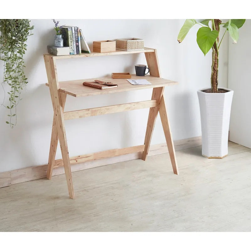 Bureau d'étude X-Leg Mid-Century Modern avec étagère supérieure en bois naturel