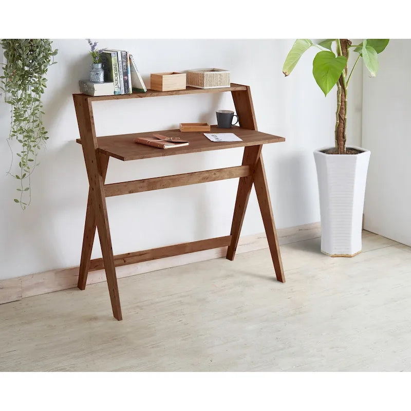 Bureau d'étude X-Leg Mid-Century Modern avec étagère supérieure en bois naturel