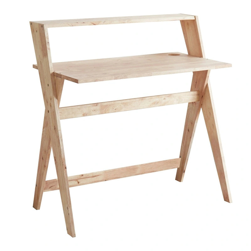 Bureau d'étude X-Leg Mid-Century Modern avec étagère supérieure en bois naturel