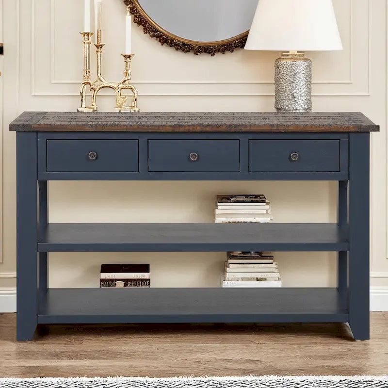 Console avec tiroirs et étagères, plateau en bois vieilli