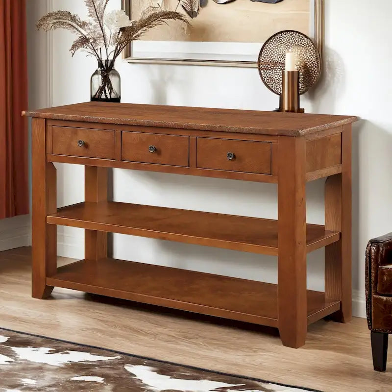 Console avec tiroirs et étagères, plateau en bois vieilli