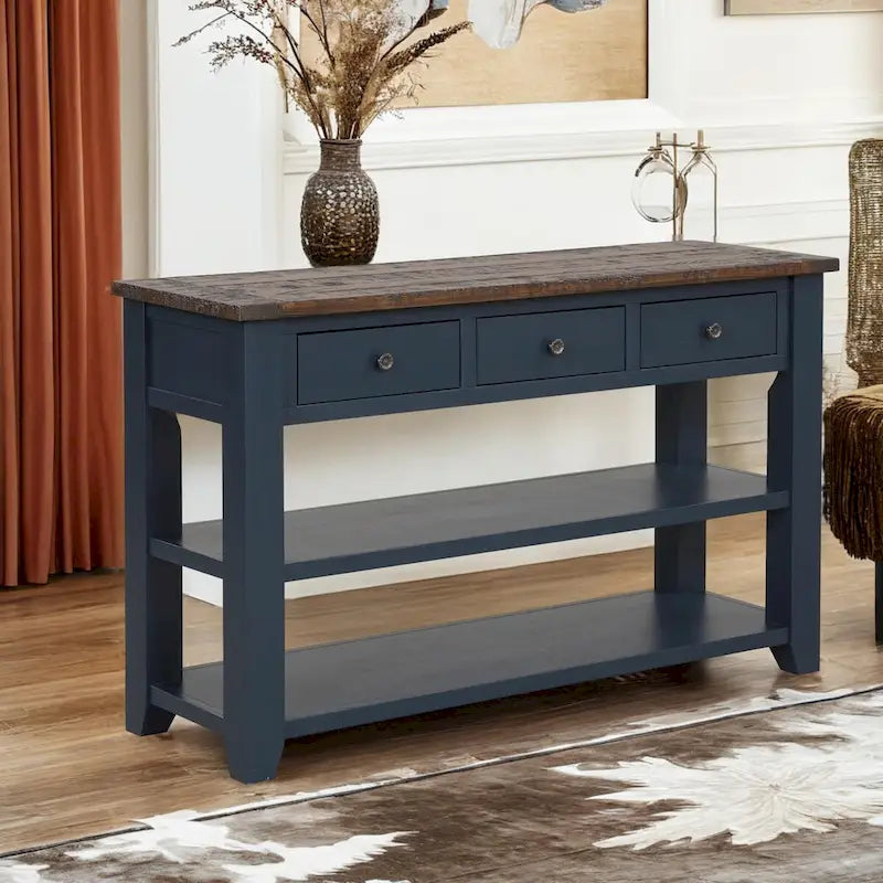 Console avec tiroirs et étagères, plateau en bois vieilli