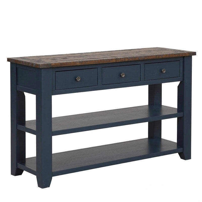 Console avec tiroirs et étagères, plateau en bois vieilli